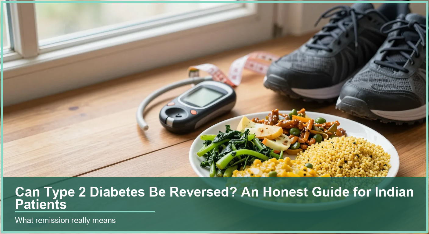 Healthy Indian plate of millets, dal and green vegetables beside a glucometer, measuring tape and walking shoes on a wooden table.