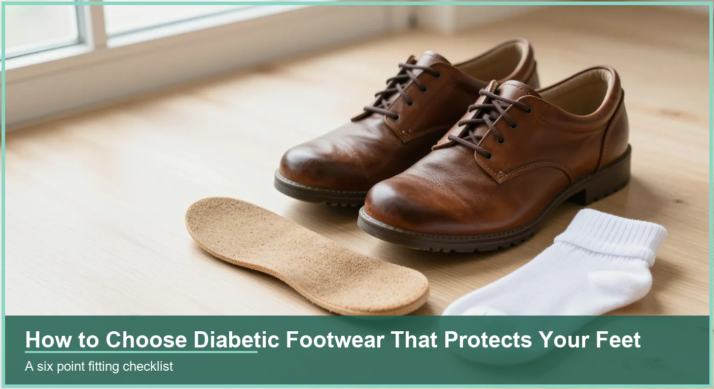 Pair of wide brown leather diabetic shoes on a wooden floor beside a removable cushioned insole and a white cotton sock.
