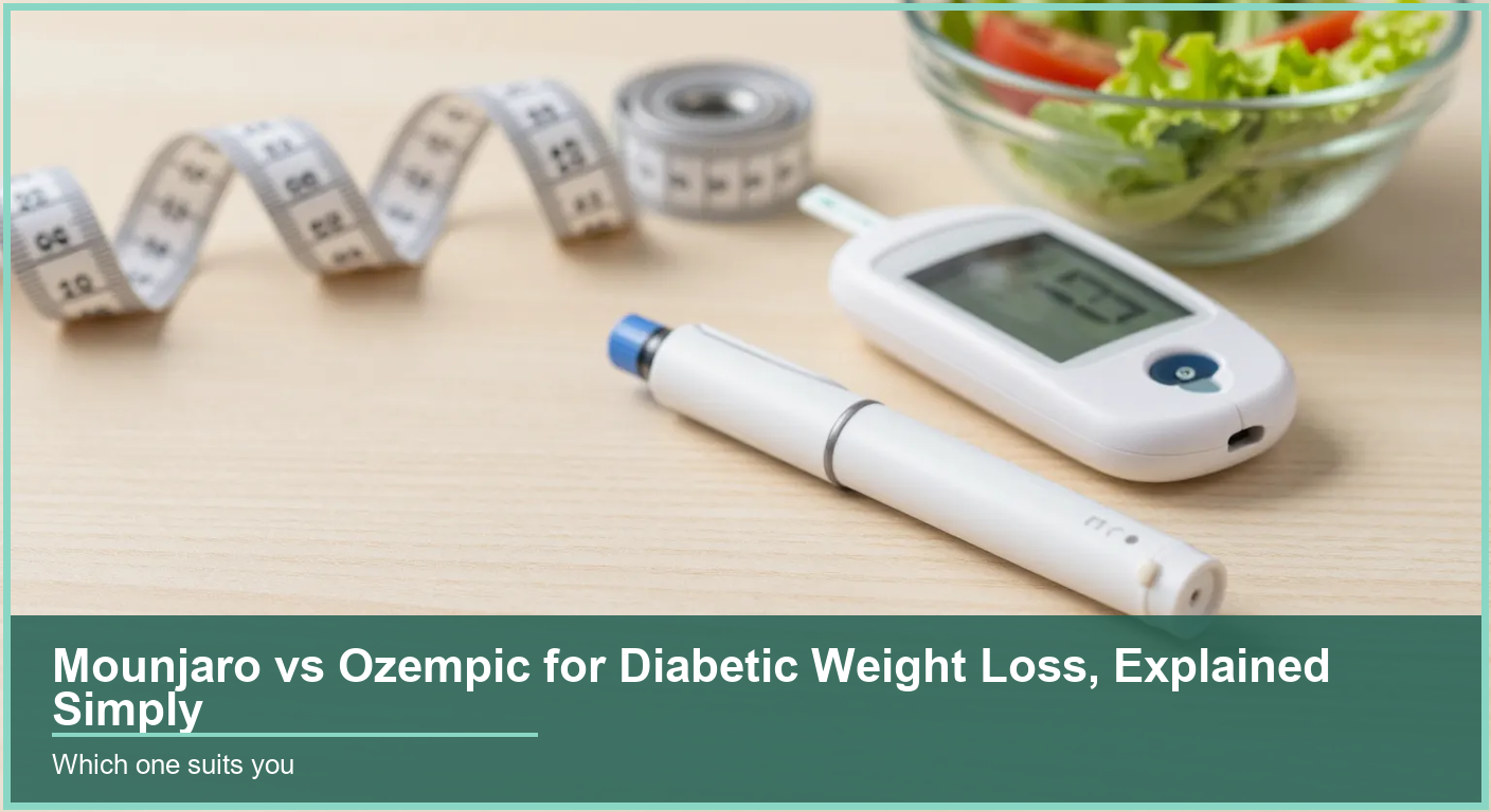 White injection pen and glucose meter on a wooden table beside a coiled measuring tape and a bowl of fresh green salad.