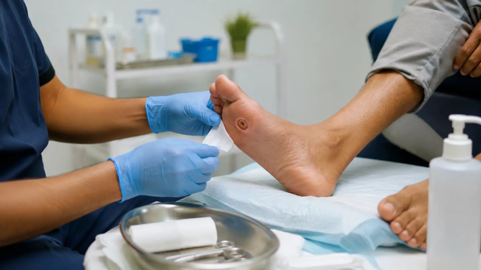 Specialist checking a patient foot during diabetic foot treatment in India